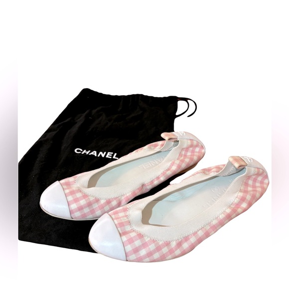 CHANEL Ballerines Light Pink Fabric White Leather Trim Flats EU 35.5 US 5 - Picture 1 of 11